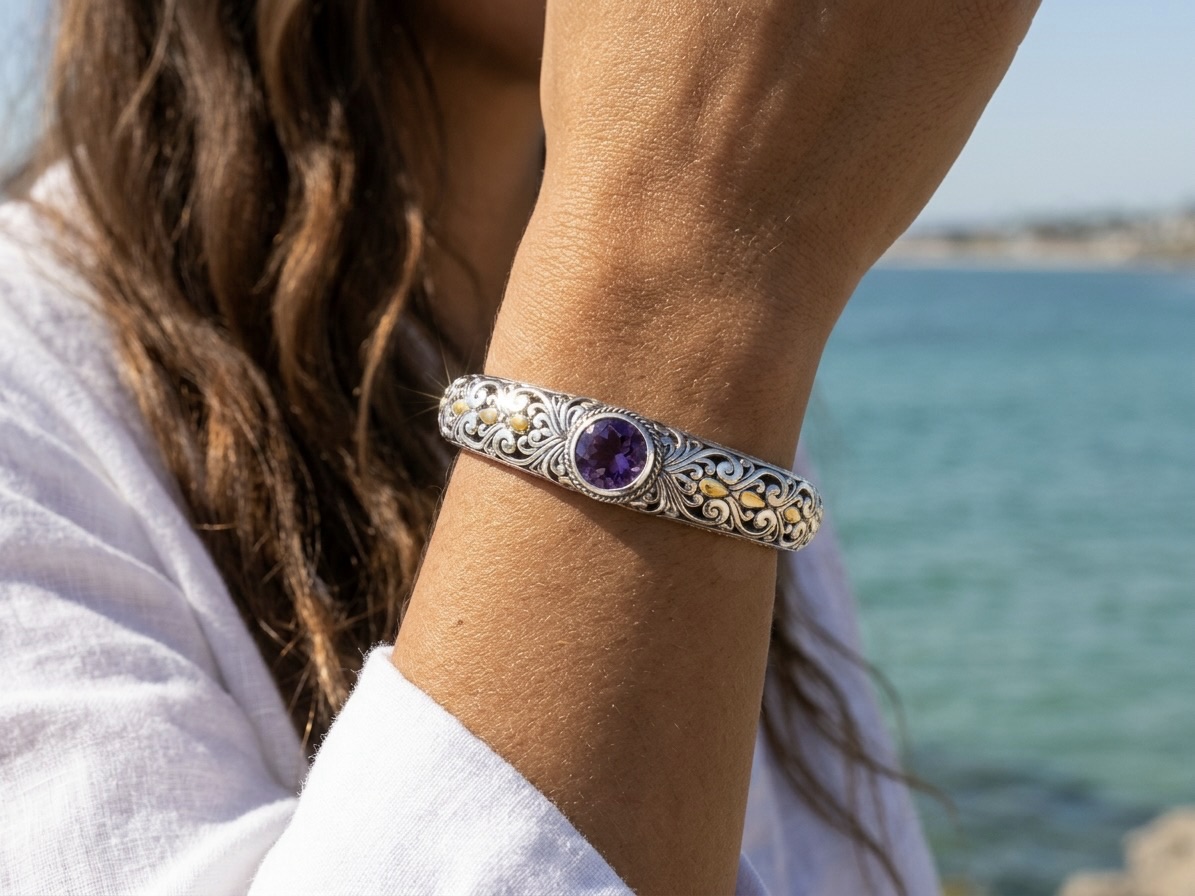 Sterling Silver Yvette Amethyst Open-work Bangle - Image 2