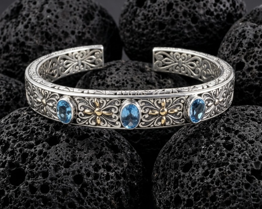Sterling Silver Chantal Topaz 3 Stone Silver Bangle