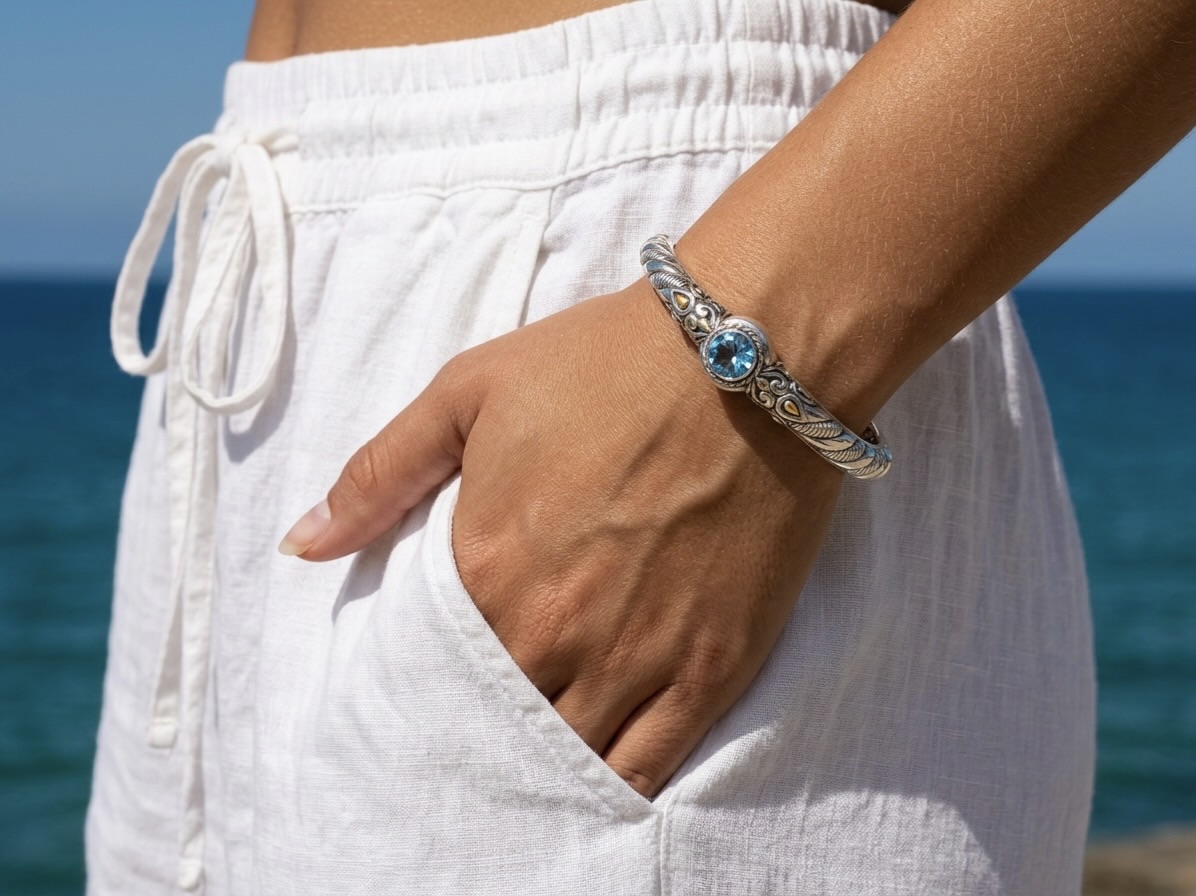 Sterling Silver Mardi Topaz Twisted Rope Bangle - Image 2