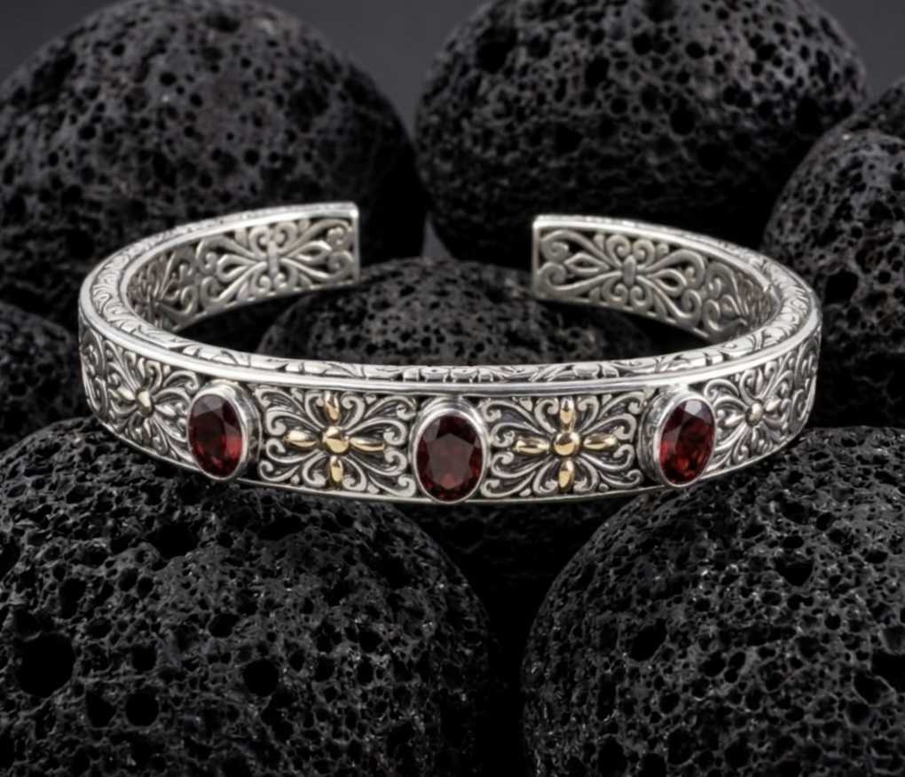 Sterling Silver Chantal Garnet 3 Stone cuff bangle - Image 2