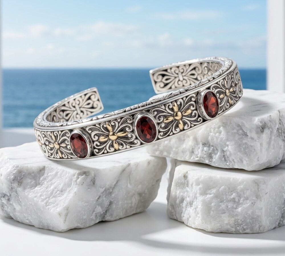 Sterling Silver Chantal Garnet 3 Stone cuff bangle
