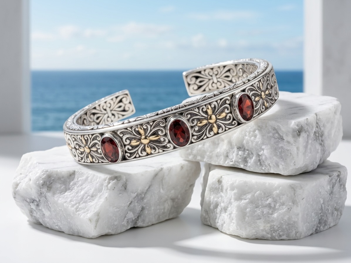 Sterling Silver Chantal Garnet 3 Stone cuff bangle
