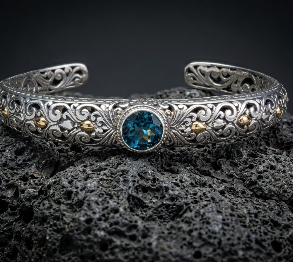 Sterling Silver Yvette London Blue Topaz open-work Bangle