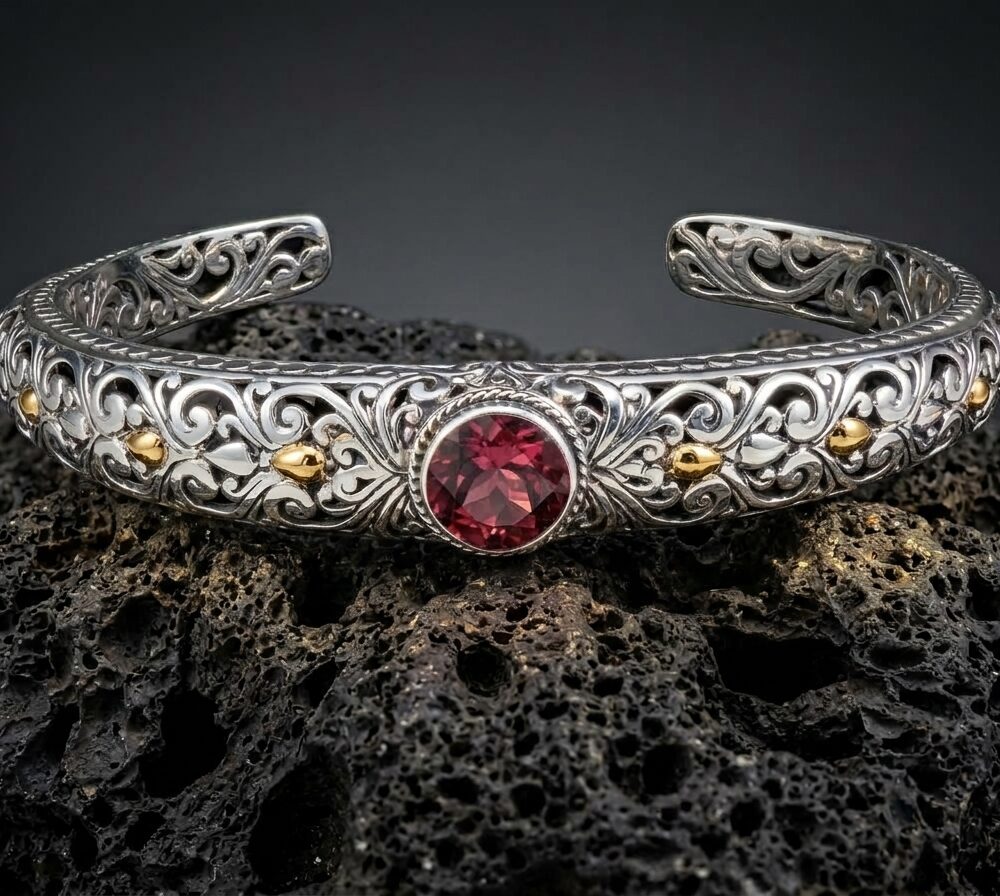 Sterling Silver Yvette Rhodolite Garnet Open-work Bangle