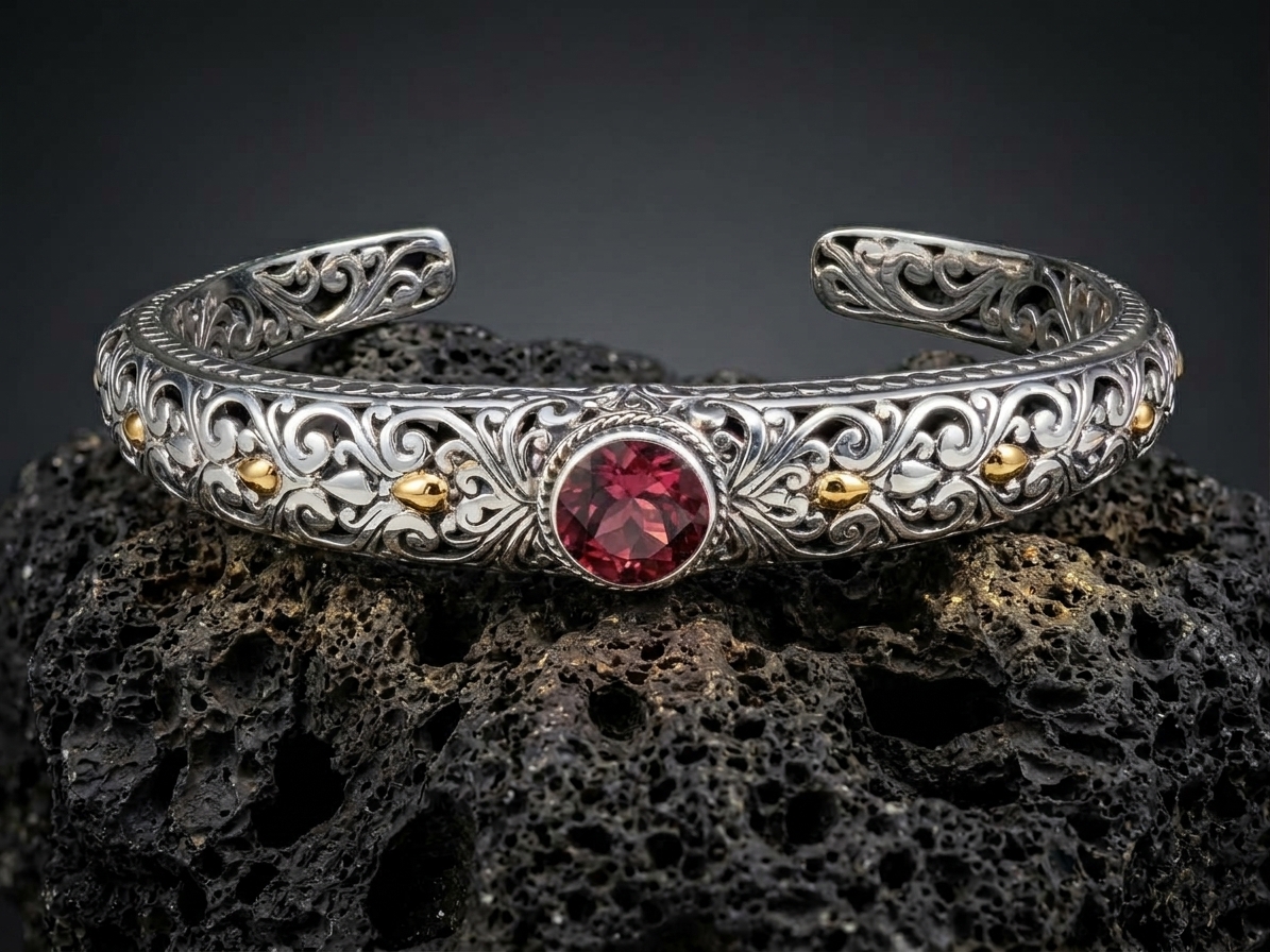 Sterling Silver Yvette Rhodolite Garnet Open-work Bangle