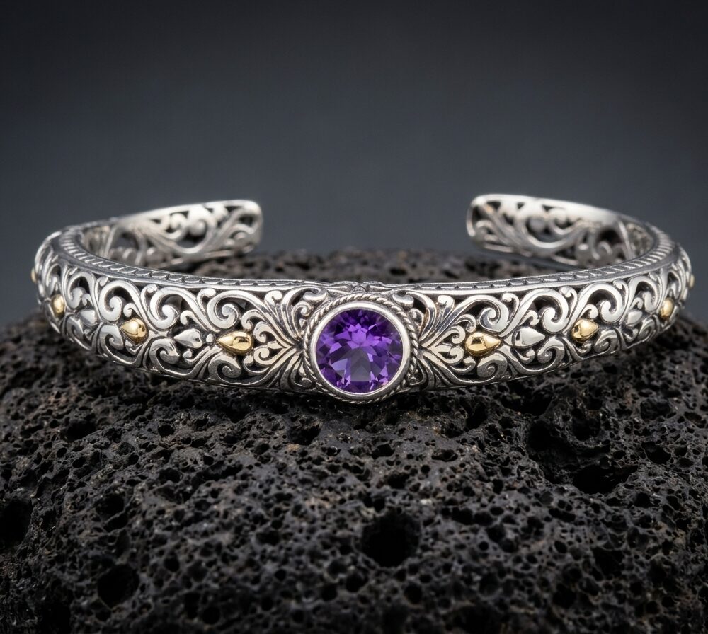Sterling Silver Yvette Amethyst Open-work Bangle