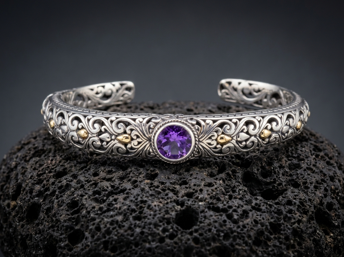 Sterling Silver Yvette Amethyst Open-work Bangle