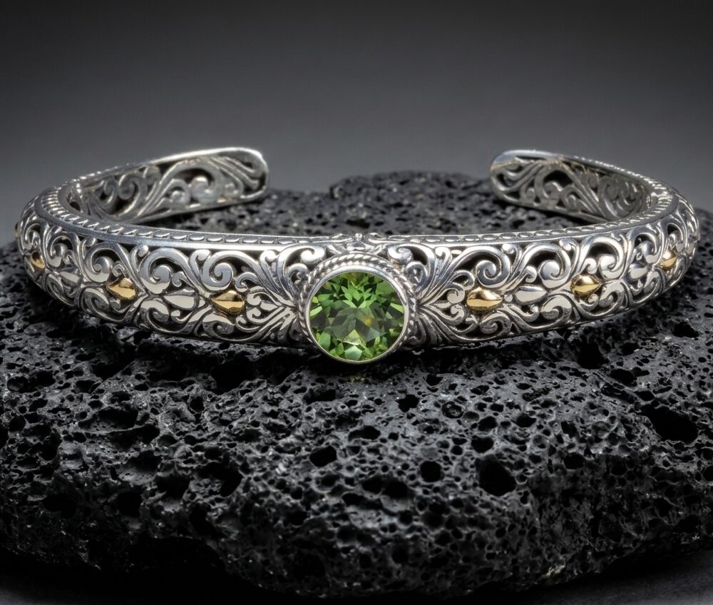 Sterling Silver Yvette Praisiolite Green Amethyst Open-work Bangle