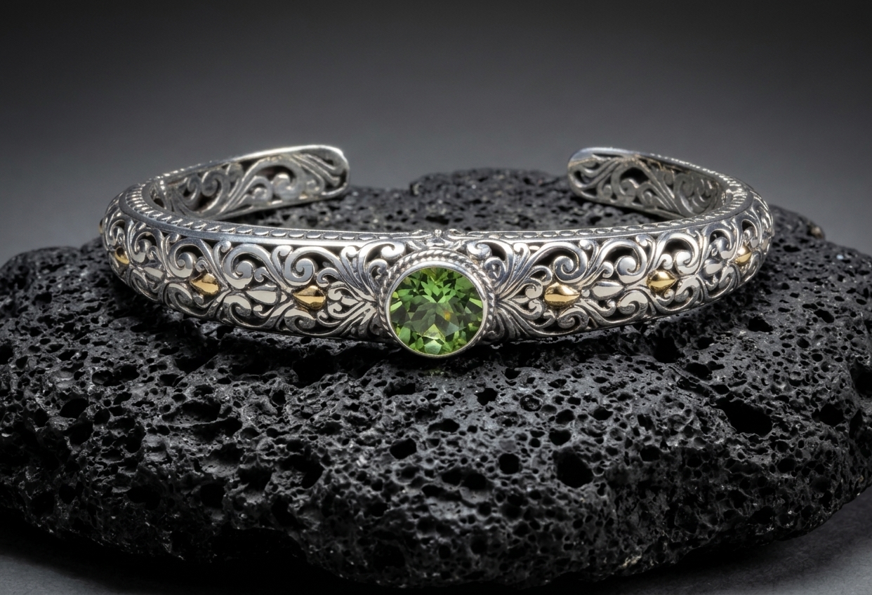 Sterling Silver Yvette Praisiolite Green Amethyst Open-work Bangle
