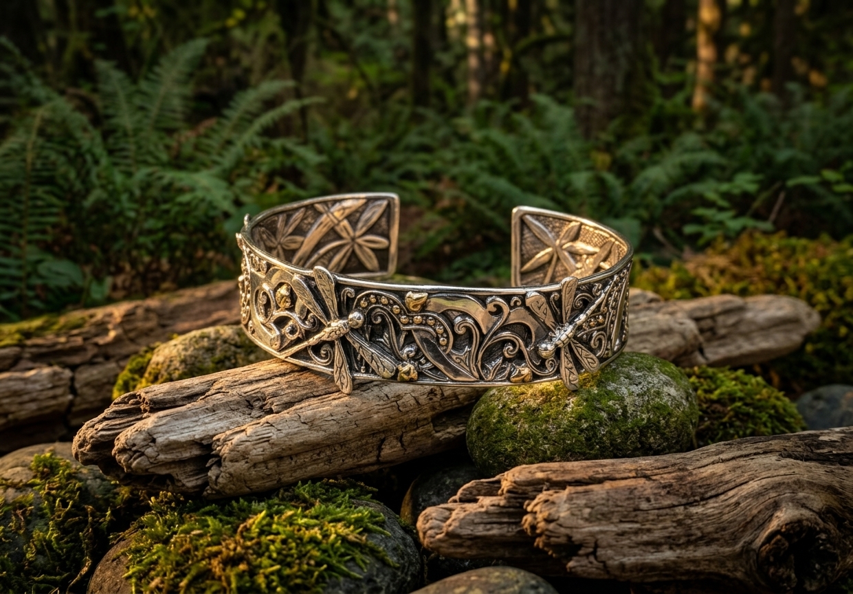 Sterling Silver & 18k Dragonfly 2 Tone Cuff - Image 3