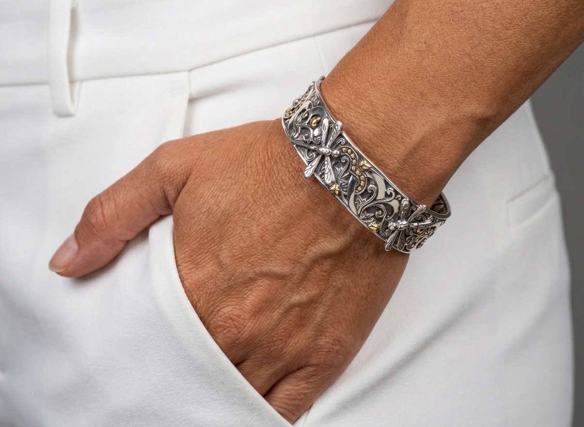 Sterling Silver & 18k Dragonfly 2 Tone Cuff - Image 2